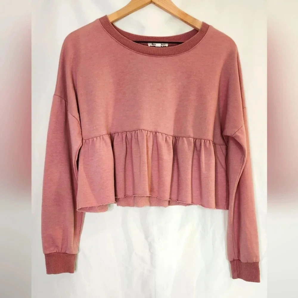 Don't Ask‎ Why Womens Cropped Ruffle Sweatshirt Top One Size Muted Rose Pink